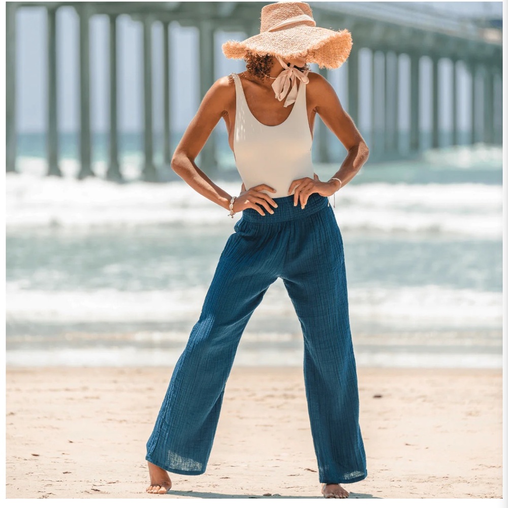 Lotus and Luna Cotton Wide Leg Pants High Rise Deep Teal S/M